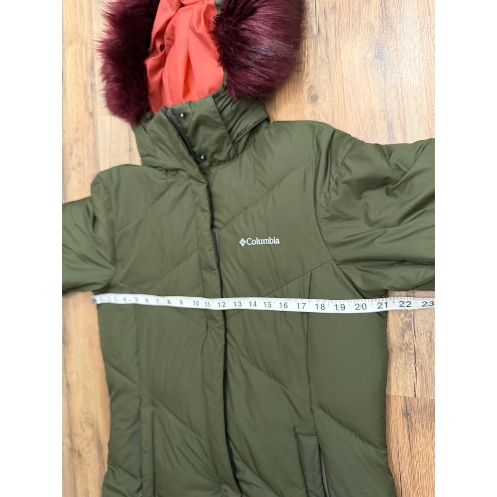 Columbia Women's Medium Green Long Puffer Coat Faux Fur Hood Omni-Shield Winter - Picture 12 of 13